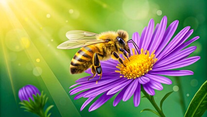 Honeybee collecting nectar from purple flower in sunlight, macro close-up of bee pollination
