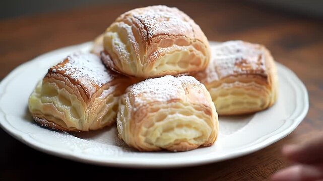 Delicious Krofne Sprinkled with Powdered Sugar on a White Plate Displayed on a Rustic Wooden Table Close Up Shot Emphasizing The Flaky Texture and Creamy Filling Perfect For Bakery Promotions and