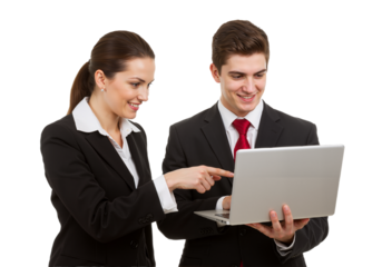 Two business professionals collaborate on a laptop, smiling and engaged, in a bright, minimalistic office setting (PNG).
