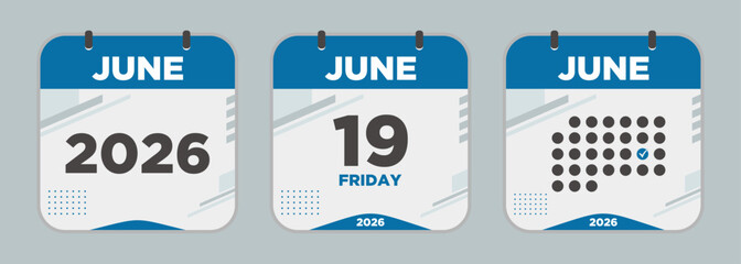 Modern Calendar icon. June. 2026 19 day. The concept of waiting for an important date. Day calendar with date June 19. Cheklist day calendar. Vector illustration