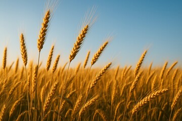 Fototapeta premium Sustainable organic wheat field with golden grain stalks reaching toward bright morning sunlight