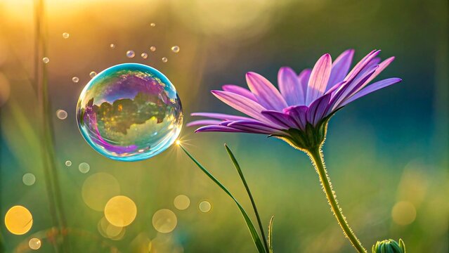 Close-up of purple daisy with soap bubble in sunlight, macro floral nature scene with bokeh background