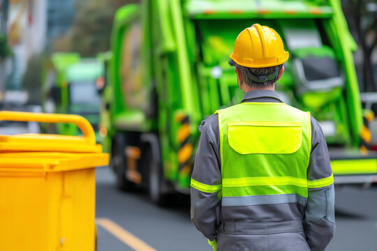 A sanitation worker in a yellow helmet and reflective vest stands near a yellow bin, overseeing a green garbage truck on a street during waste collection
