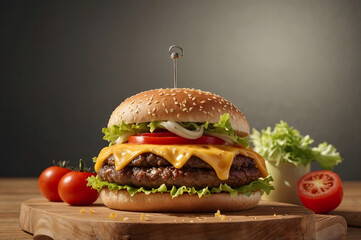 Photorealistic shot of juicy cheeseburger with lettuce tomato and melted cheese