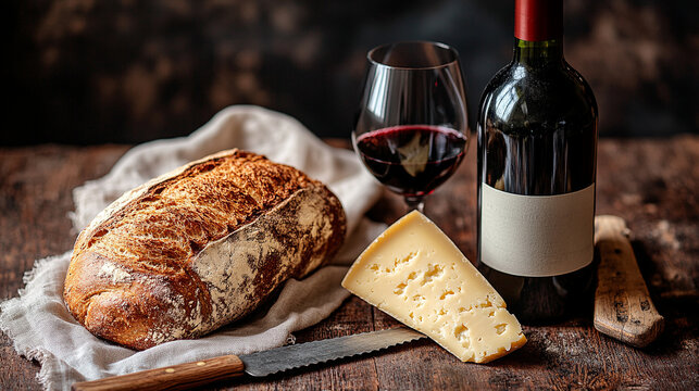 Rustic red wine with artisan bread and cheese on wooden table in warm country kitchen.