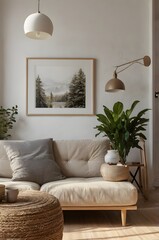 Scandinavian-style living room with a white wall and light wooden floor, large empty picture frame hanging centered on the wall, natural sunlight,Generative Ai
