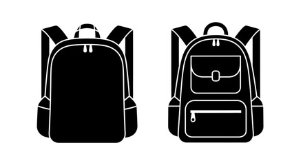Minimalist Black and White Vector Icon of a Backpack with Front Pocket and Flap Closure – Travel, School, and Utility Bag Silhouette on White Background