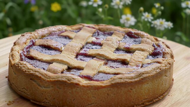 Delicious Linzer Torte Displayed on Wooden Table with Vibrant Floral Backdrop A Tempting Austrian Pastry with Lattice Crust and Jam Filling Homemade Treat Perfect for Bakeries and Dessert Related