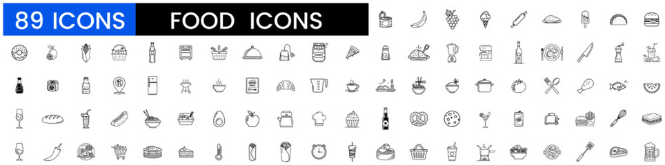 Food and kitchen icons set. Simple thin line icon collection. Containing are food box, pizza, burger, noodles, beverage, cooking pot, knife, chef, oven, and grocery items. Line style vector for restau