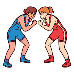 Two cartoon women facing each other in a wrestling stance on transparent background