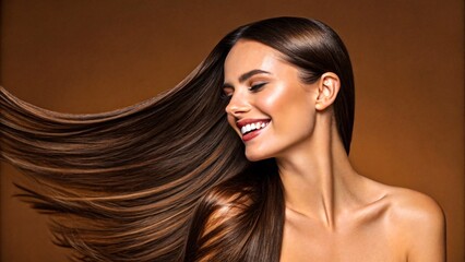 Smiling woman with long straight shiny hair tossing hair against brown background
