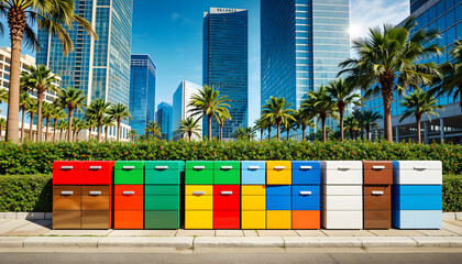 "Colorful Mailboxes in a Modern Cityscape with Palm Trees and Glass Buildings"