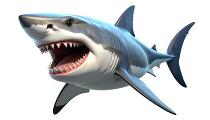 Fearsome great white shark illustration with open jaws in an aggressive attack pose. A 3D render of a marine predator isolated on white.