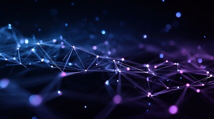 A futuristic 6G network concept featuring glowing digital nodes connected by vibrant beams of light, showcasing a cyberpunk aesthetic in deep blue and neon purple tones.