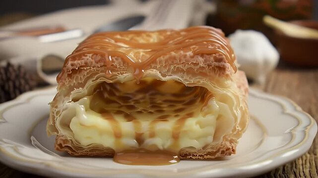 Delicious Milhojas Mexican Version Flaky Pastry Filled with Creamy Custard Drizzled with Caramel Presented on White Plate Rustic Wooden Table Backdrop Gourmet Artisan Sweetness Celebration and