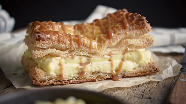 Delicious Milhojas South American Style Featuring Flaky Pastry Layers Creamy Custard Filling and Drizzled Caramel Sauce Displayed on a Rustic Wooden Table for Bakery Promotions with a Golden Hue