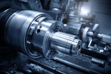 Fototapeta premium Close-up of a precision metal lathe machine shaping a cylindrical steel part under cool lighting in an industrial manufacturing setting