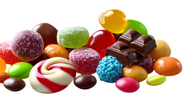 A front view of a pile of colorful candies set against a white background
