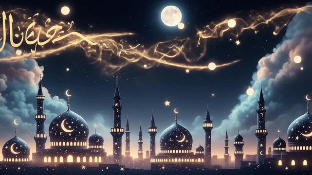 A stylized, night-time cityscape of Islamic architecture, featuring glowing mosques and celestial elements.