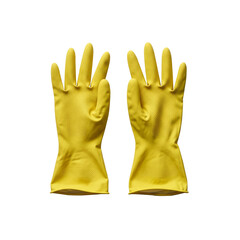 Obraz premium Two yellow rubber gloves are displayed against a white background, palms facing forward.