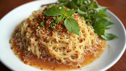 Delicious Nam Kang Sai featuring Glass Noodles and Fresh Herbs on White Plate A Laotian Culinary Delight with Vibrant Sauce A Wooden Table Presentation Close Up Video