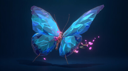 A digital low-poly style blue butterfly with glowing pink accents and petals, set against a dark background, blending geometric art with natural beauty
