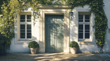 Tranquil, ivy-covered,  front door of a light stucco home,  with  shadows