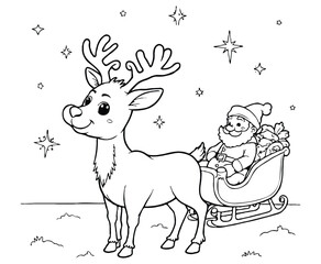 cute reindeer with snow, Santa’s sleigh Christmas Coloring Page
