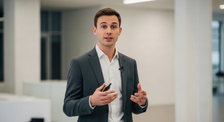 Businessman Presenting in Modern Office Holding Microphone Speaking.