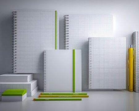 Stacked notebooks and pens