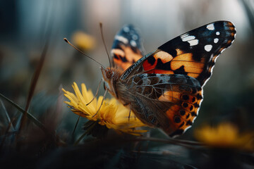 Butterfly rests on bright yellow wildflower in nature