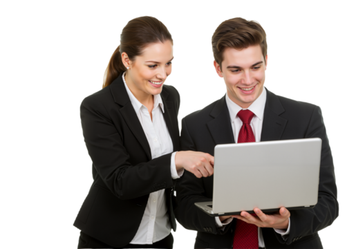  Two business professionals collaborate on a laptop, smiling and engaged, in a bright, minimalistic office setting (PNG).