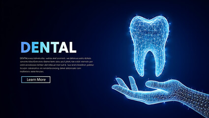 Wireframe hand holding glowing blue tooth dental