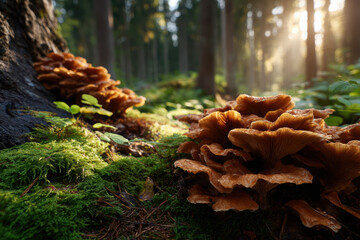 Mushrooms thrive on a mossy forest floor in soft sunlight