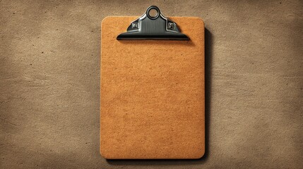 A brown clipboard with a black clasp rests on a textured surface, blending seamlessly with the neutral background,