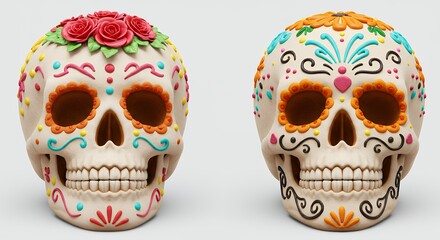 Colorful decorated sugar skulls displayed on white background