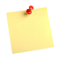 Yellow paper note with red push pin isolated on transparent background