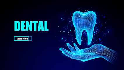 Wireframe Tooth Held By Wireframe Hand With Dental Text