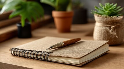An organized workspace with a notebook on a wooden surface, pen holder nearby, potted succulents adding greenery,