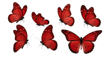 Six Vibrant Red Butterflies on transparent background;  Elegant, Graceful, Spring Theme Stock Image.