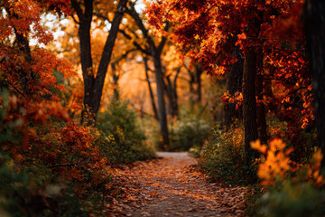 Golden autumn forest path lined with vibrant foliage
