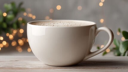 Fototapeta premium An empty white ceramic cup with foam residue sits on a surface, surrounded by soft bokeh lights and subtle greenery,