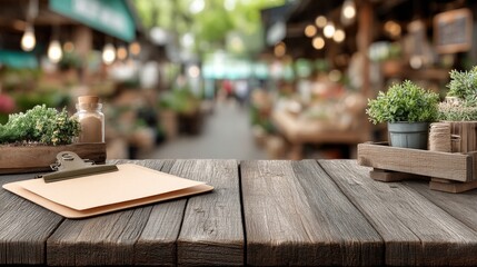 A weathered wooden table in an outdoor market setting holds an open clipboard and a planter with small green plants,