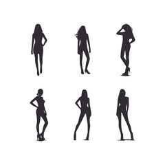 Fototapeta premium Silhouette illustrations of women in various poses, showcasing different fashion styles.
