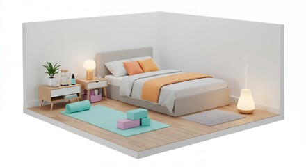 Cozy bedroom yoga retreat interior illustration