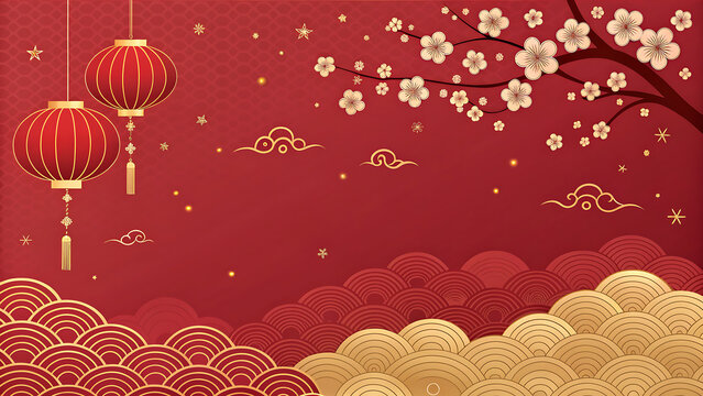 A festive red and gold background featuring Chinese lanterns, blossoms, and clouds, creating a vibrant scene for the chinese new year celebration