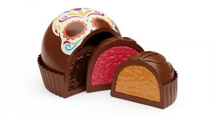 Decorated chocolate truffle or bonbon with colorful filling