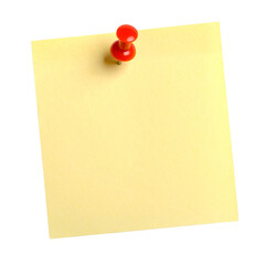 Yellow paper note with red push pin isolated on transparent background