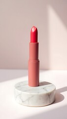 Single matte lipstick placed upright on small circular white marble pedestal, surrounded by negative space, editorial beauty layout with soft shadows.