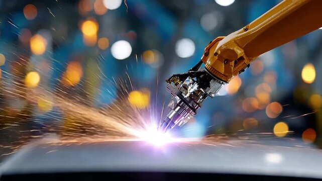 Robotic Arm Welding Sparks Advanced Technology in Manufacturing and Automation Showcasing Precision, Innovation, and Industrial Machinery Dynamics.
